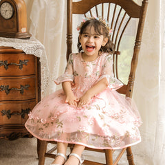 Girls Princess Embroidered Tulle Dress Puffy Birthday Wedding Gown