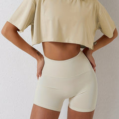 Women's Solid Short Casual Sports Cropped T Shirt Loose Round Neck Workout Top
