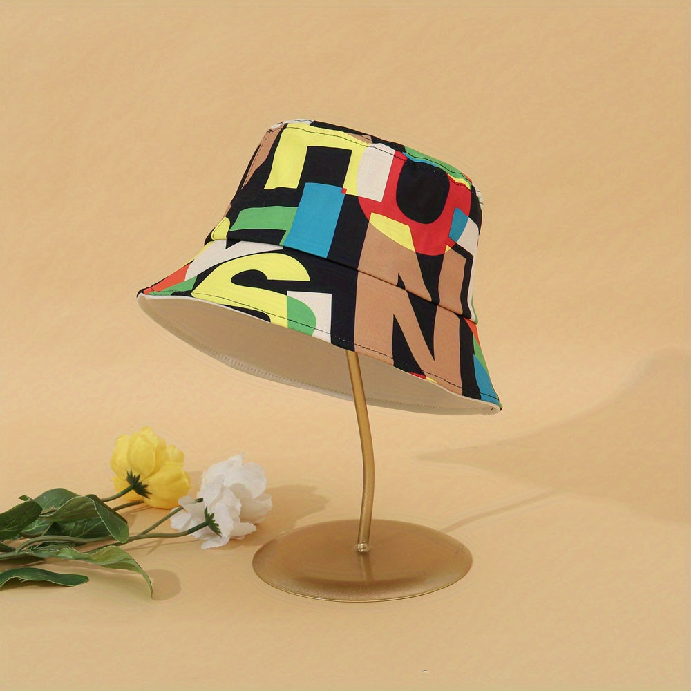 Letter Leaf Print Bucket Hat Classic Reversible Cartoon Basin Hat