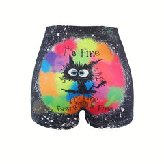 Cat & Letter Print Skinny Shorts for Women
