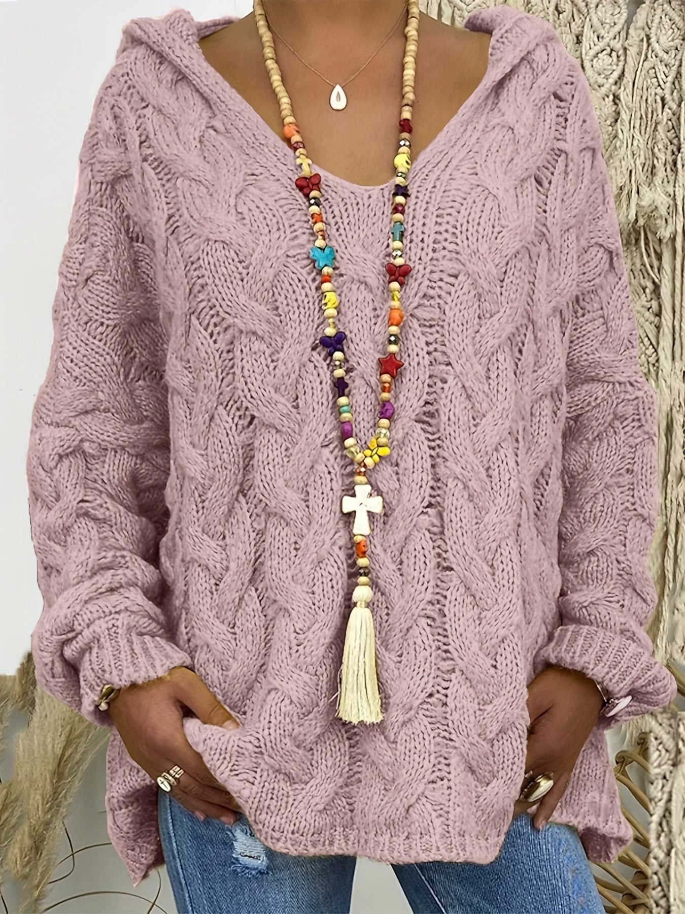 Cable Sleeve Hooded Sweater Loose Fit Pullover
