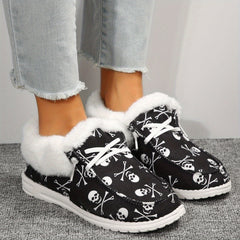 Plush Lined Canvas Shoes Halloween Skull Slip On Warm Shoes