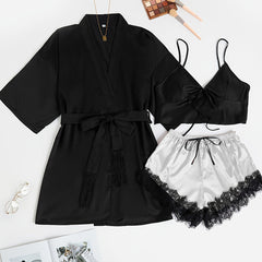 Satin Pajama Set V Neck Robe & Cami Top & Lace Trim Shorts