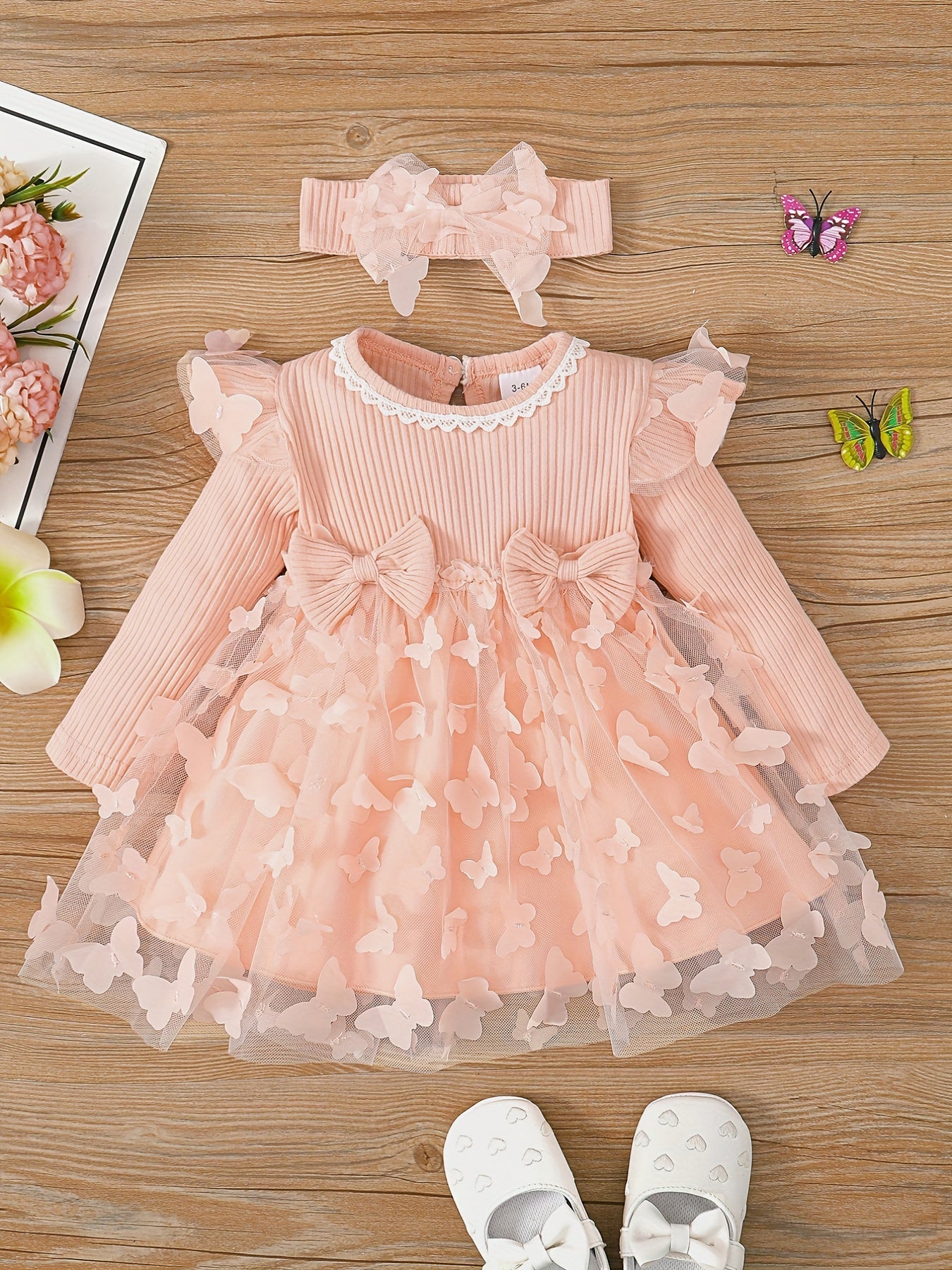 2pcs Baby Girls Butterfly Long Sleeve Dress & Headband Set