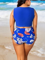 Solid Tie Front Crop Tank Top & Floral Print Panty Swimsuit Set