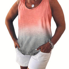 Ombre Print Tank Top Round Neck Stretchy Plus Women's