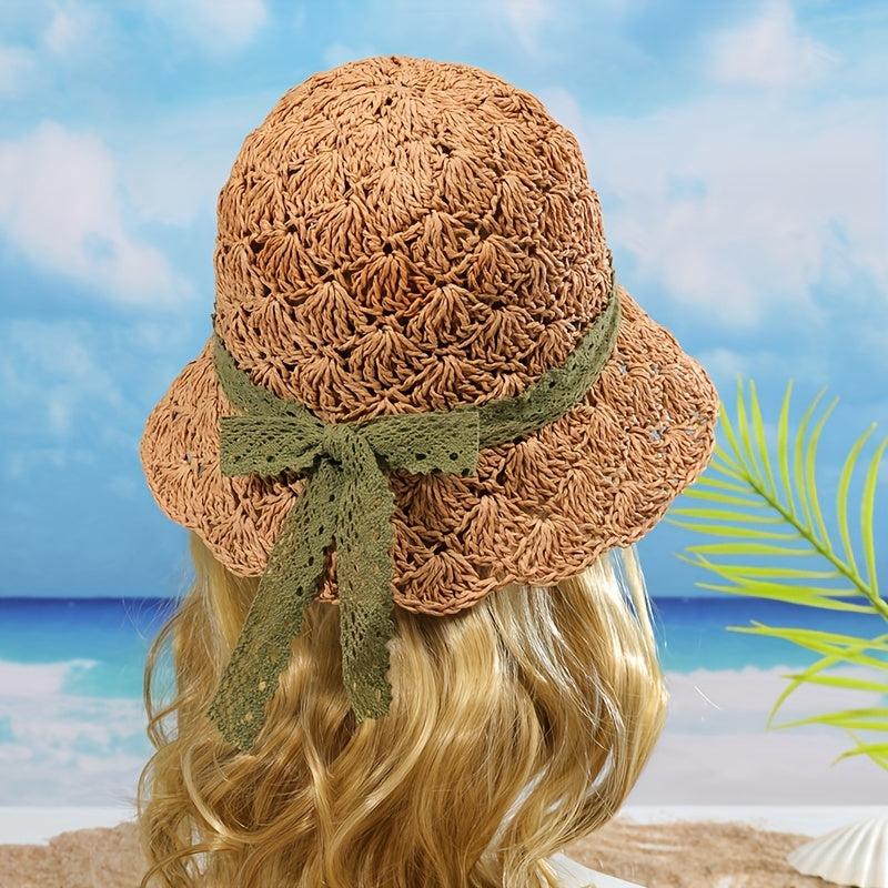 Lace Strap Sun Hat UV Protection Hollow Crochet Straw Hat Solid Bucket Hat