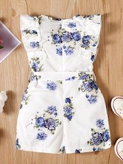 Girls Flowers Print Romper Sleeveless Ruffles Jumpsuit With Belt