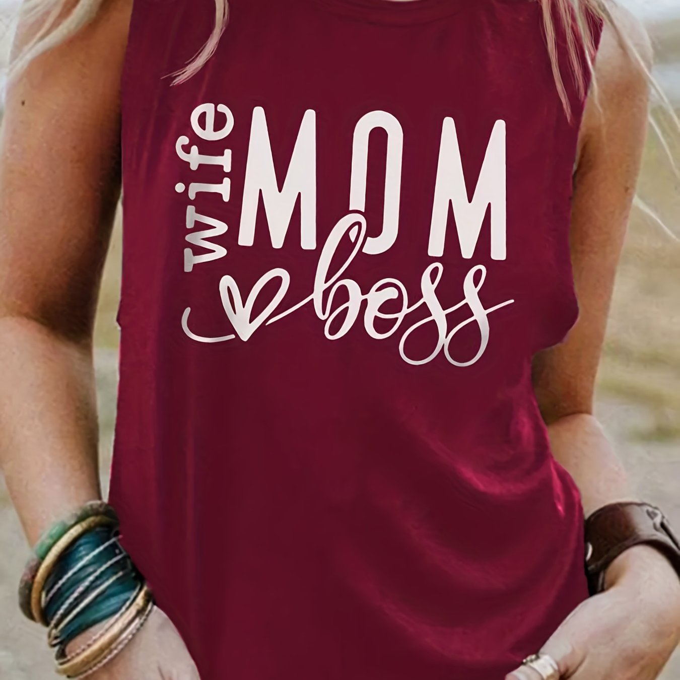 Mom Letter Print Tank Top Crew Neck Sleeveless Summer Top