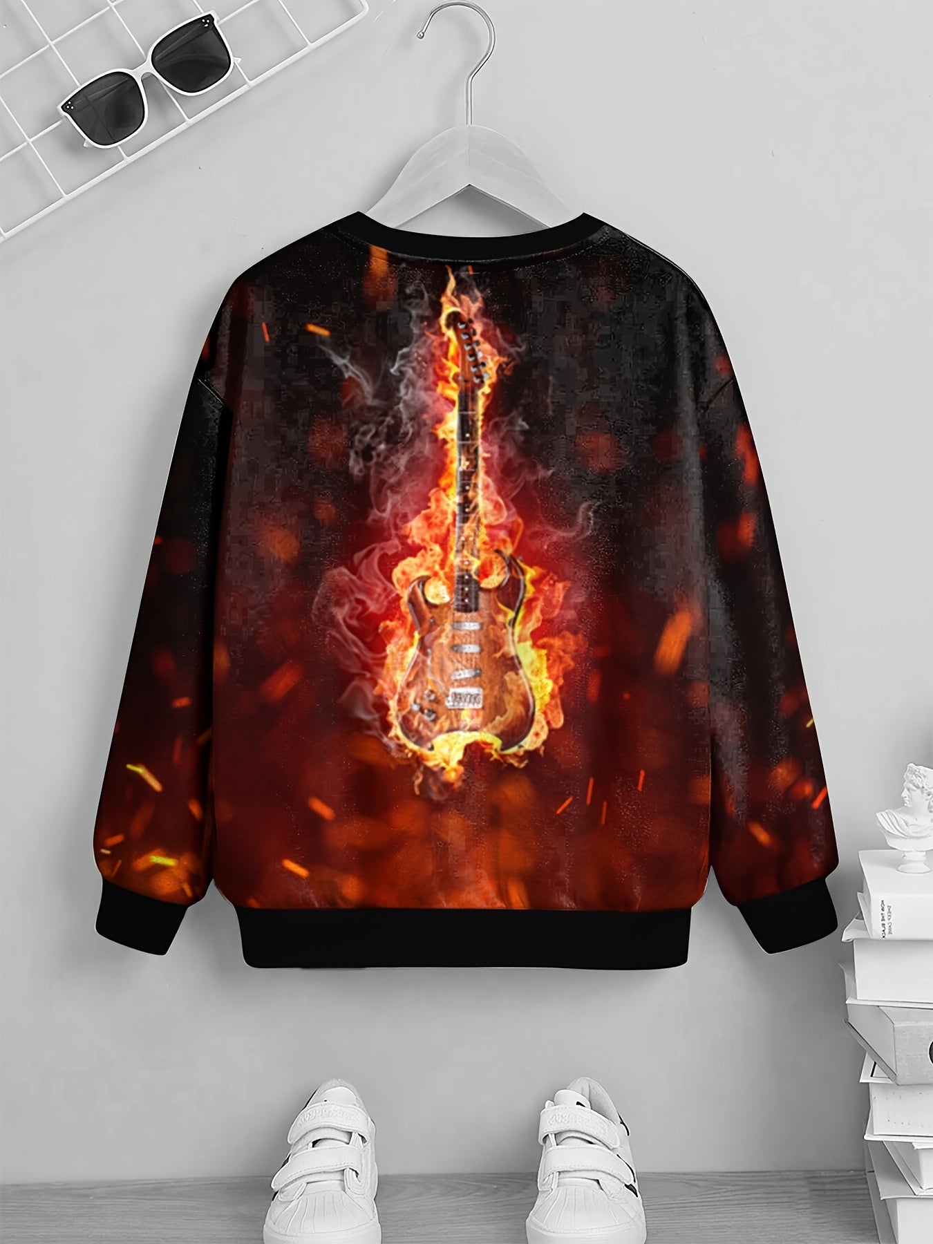 Flame Guitar Print Boys Sweatshirt Long Sleeve Pullover Top