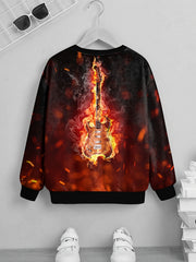 Flame Guitar Print Boys Sweatshirt Long Sleeve Pullover Top