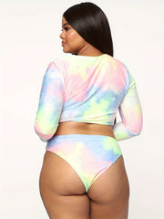 Tie Dye Long Sleeve Round Neck Tankini Set