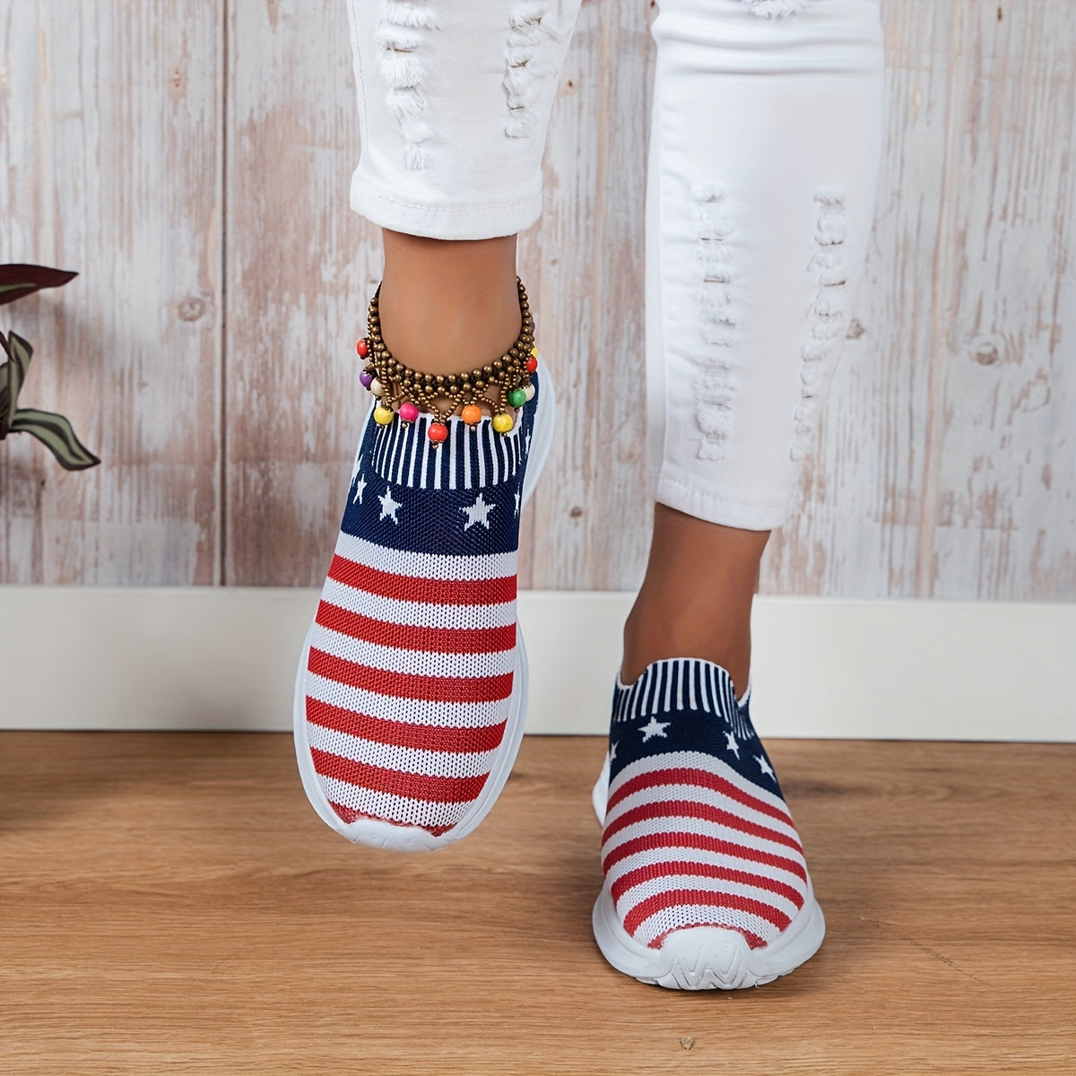 Women's Flag Pattern Sock Sneakers Low Top Slip On Knit Shoes