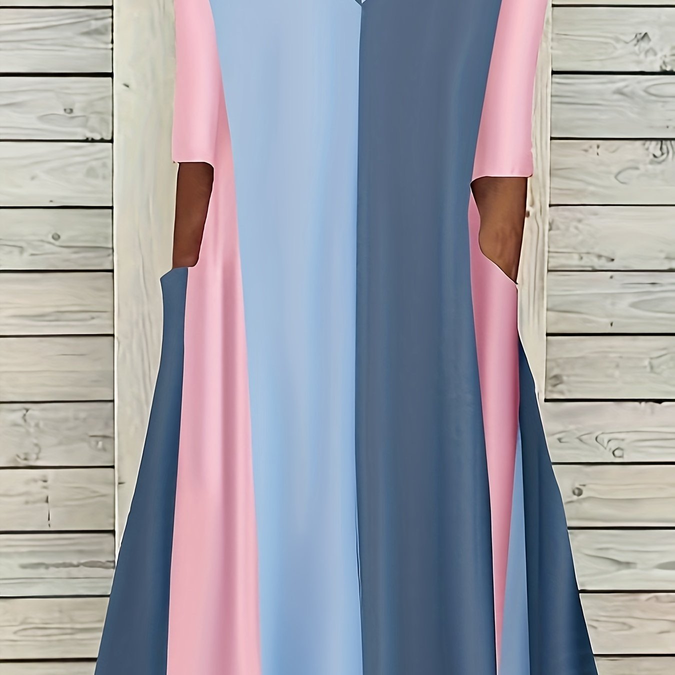 Colorblock V Neck Loose Fit Dress w/ Pockets