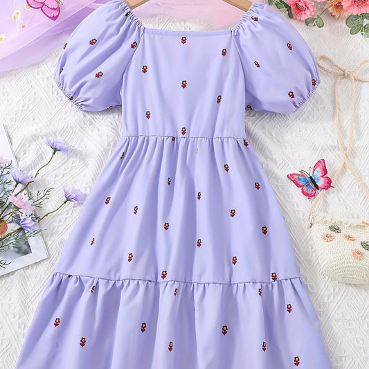 Girls' Puff Sleeve Casual Dress - Vacation Style