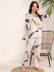 Floral Print Pajama Set Long Sleeve Button Up Top & Elastic Waistband Pants