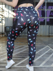 Colorful Dinosaur Print High Rise Leggings With Pockets