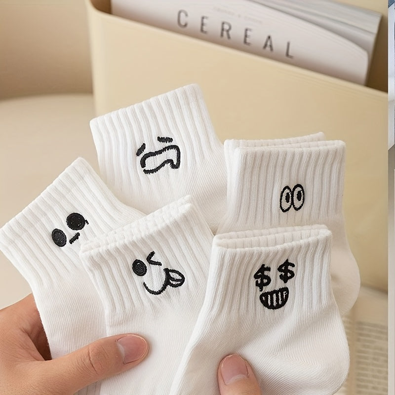 5 Pairs Cartoon Expression Print Crew Socks Women's Stockings