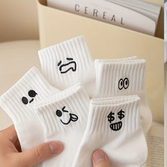 5 Pairs Cartoon Expression Print Crew Socks Women's Stockings