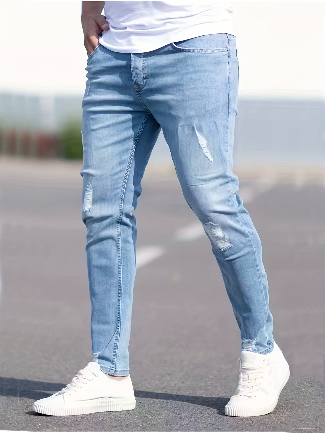 Slim Fit Ripped Jeans Mens Distressed Stretch Denim Pants