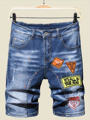Splatter Dot Slim Fit High Stretch Denim Shorts Men's Summer Shorts