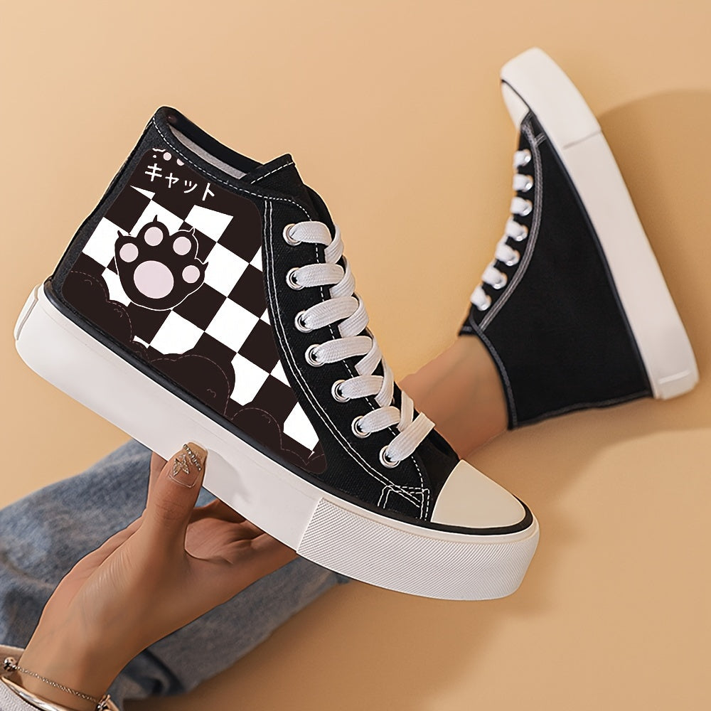Cat Paw & Checkerboard High Top Canvas Shoes