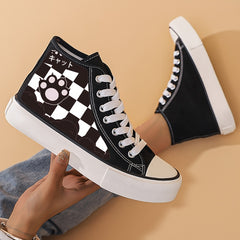 Cat Paw & Checkerboard High Top Canvas Shoes