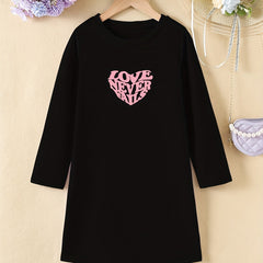 Girls' Heart Print Long Sleeve Dress for Spring Fall