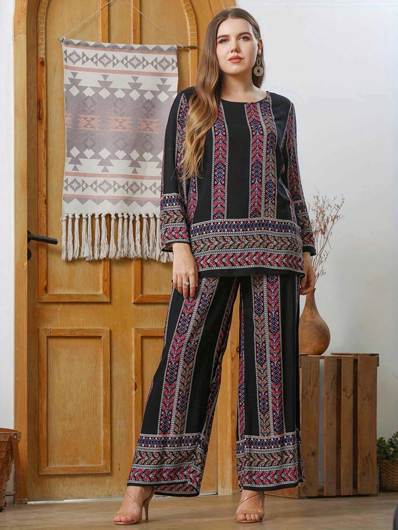 2 Piece Set Women's Plus Random Print Long Sleeve Top & Pants Outfits