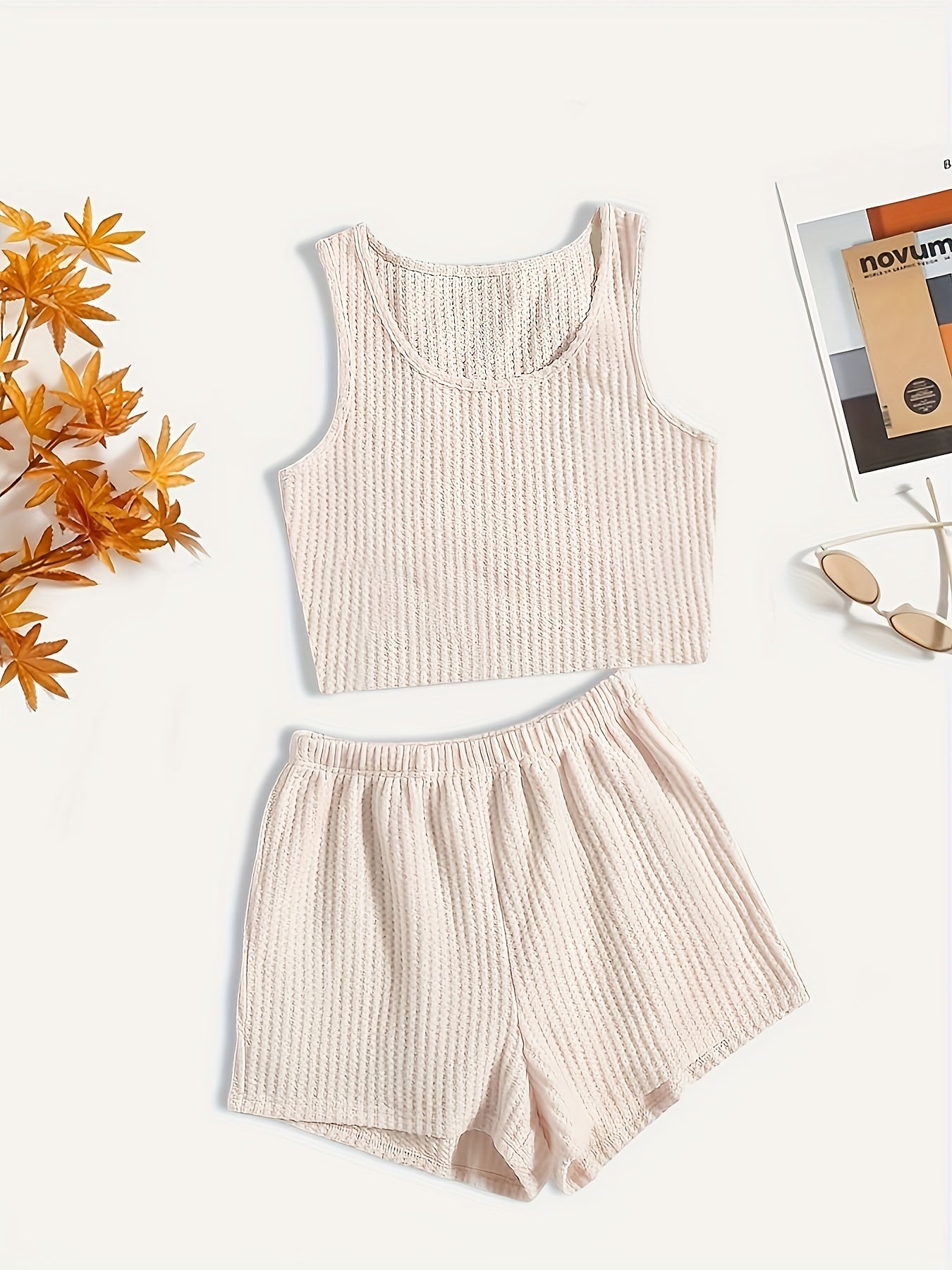 Waffle Knit Tank Top & Shorts Pajamas Set