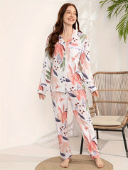 Floral Print Pajama Set Long Sleeve Button Up Top & Elastic Waistband Pants