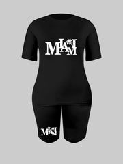 Miami Letter Print Set Crew Neck Tee & Slim Shorts