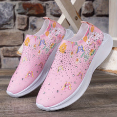Women's Butterfly Print Sock Shoes Rhinestone Decor Slip On Sneakers