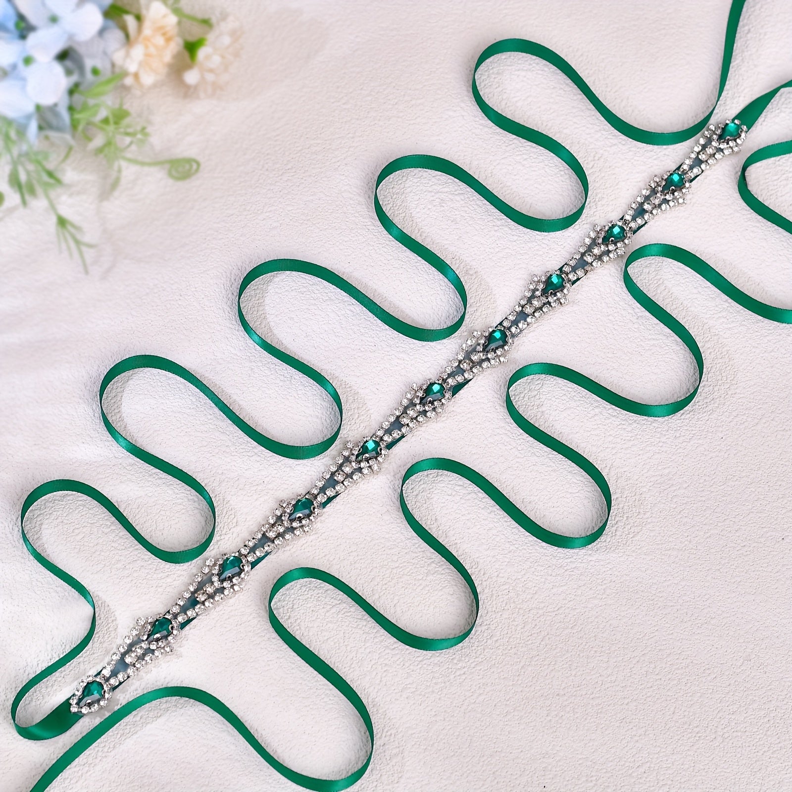 Green Satin Sash with Rhinestone Belt for Bridal Waist Accessory