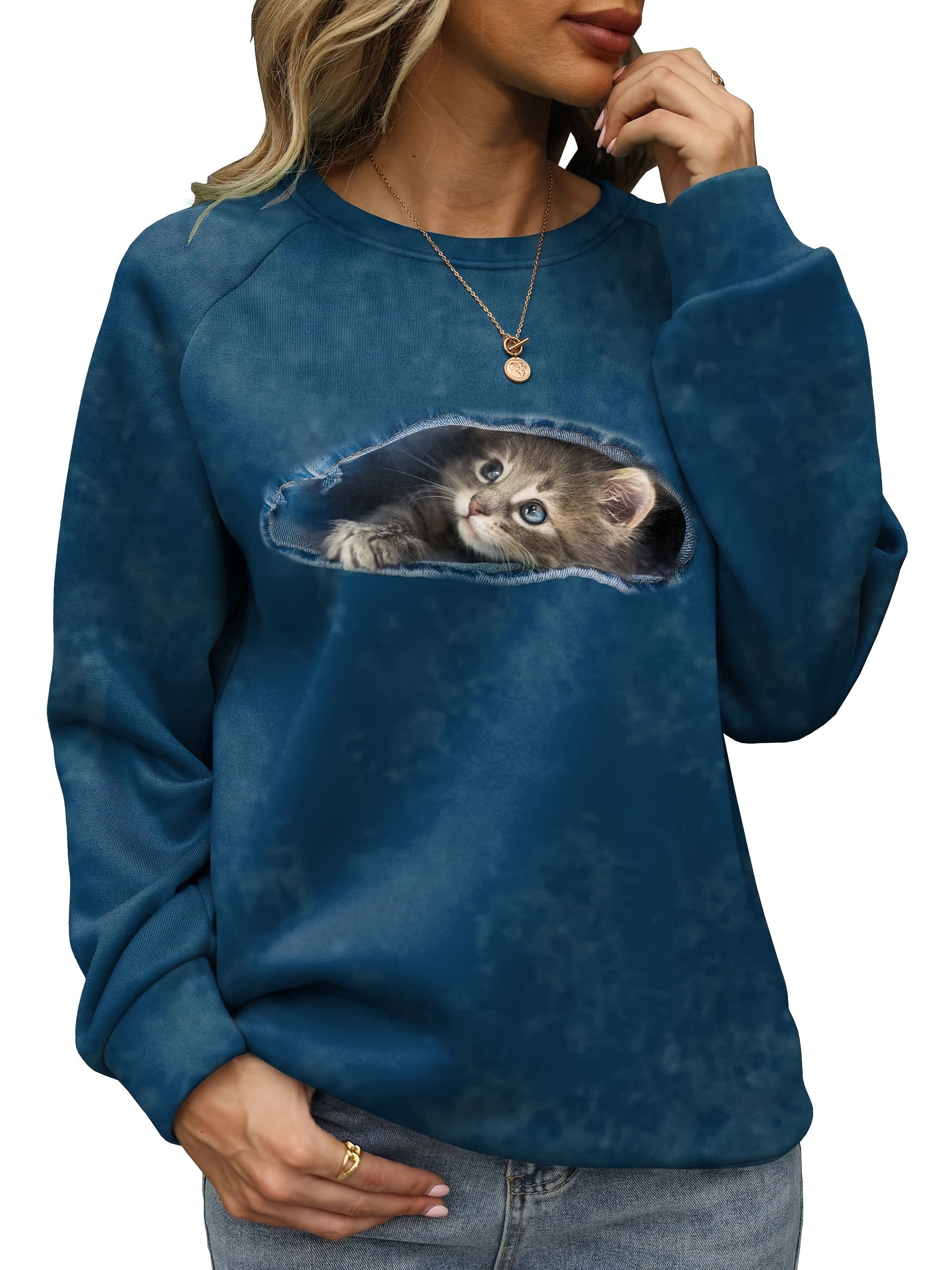 Cat Print Sweatshirt Casual Crew Neck Long Sleeve Sweatshirt