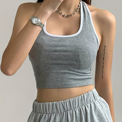 Y2K Halter Neck Crop Top Backless Contrast Trim