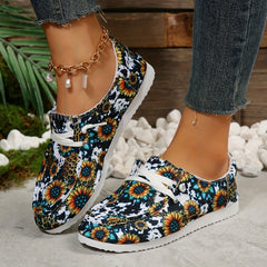 Women's Sunflower Print Canvas Shoes Casual Lace Up Outdoor Shoes