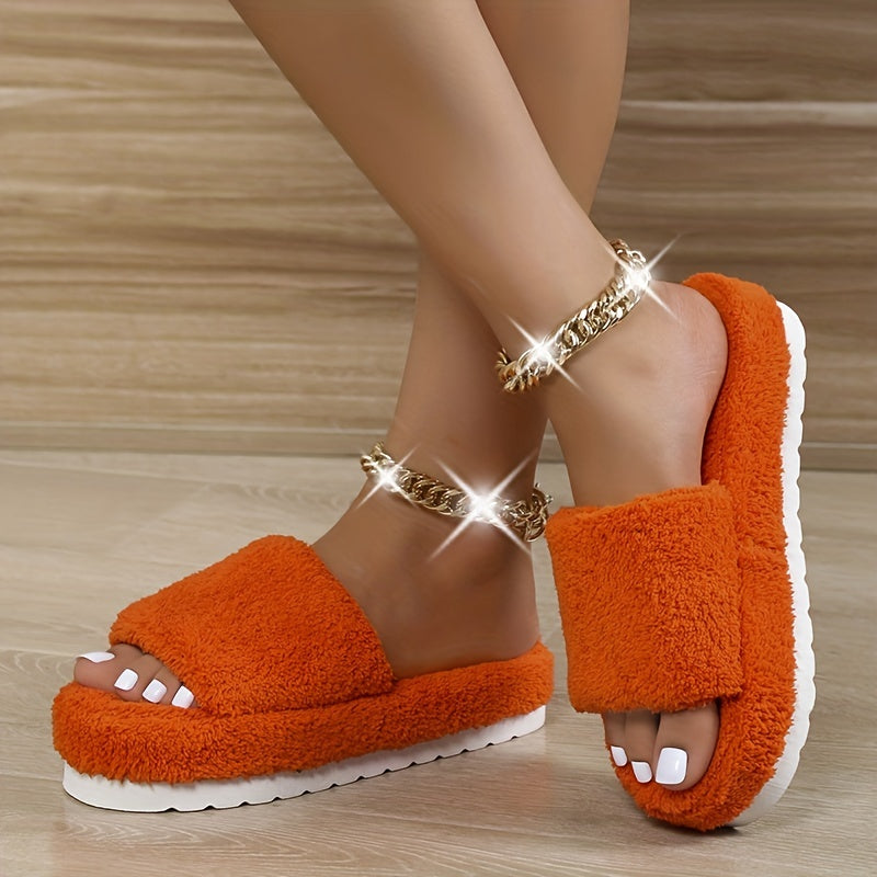 Women's Plush Winter House Slippers Open Toe Fluffy Platform Slides