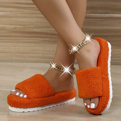 Women's Plush Winter House Slippers Open Toe Fluffy Platform Slides