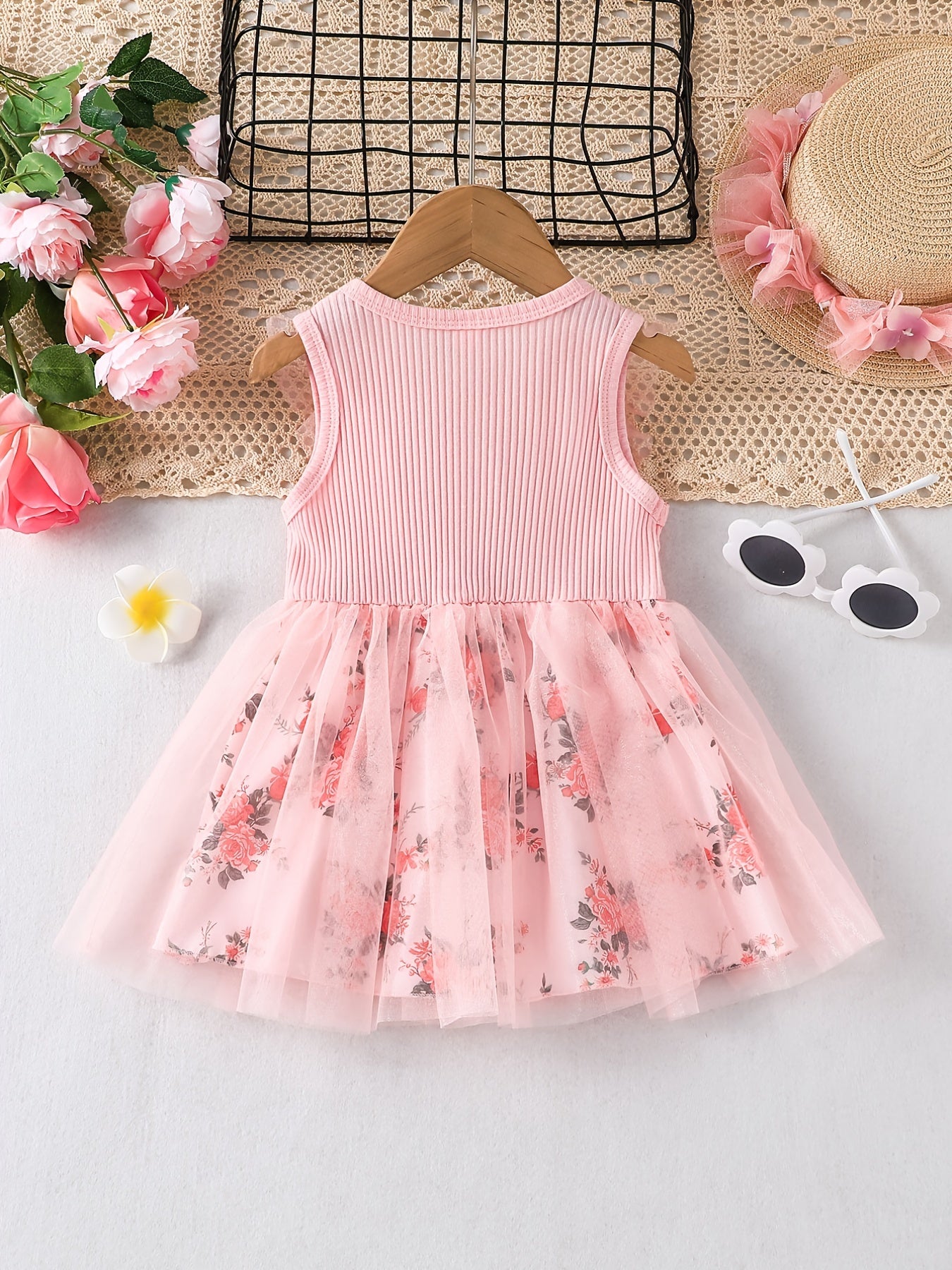 Girls Floral Sleeveless Mesh Dress