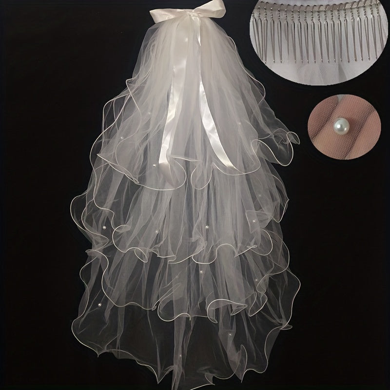 Bowknot Wedding Veil With Faux Pearl Ornament