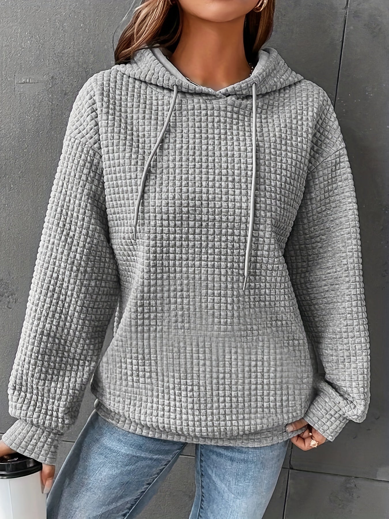 Popcorn Style Texture Hoodie Long Sleeve Drawstring Hoodies Women