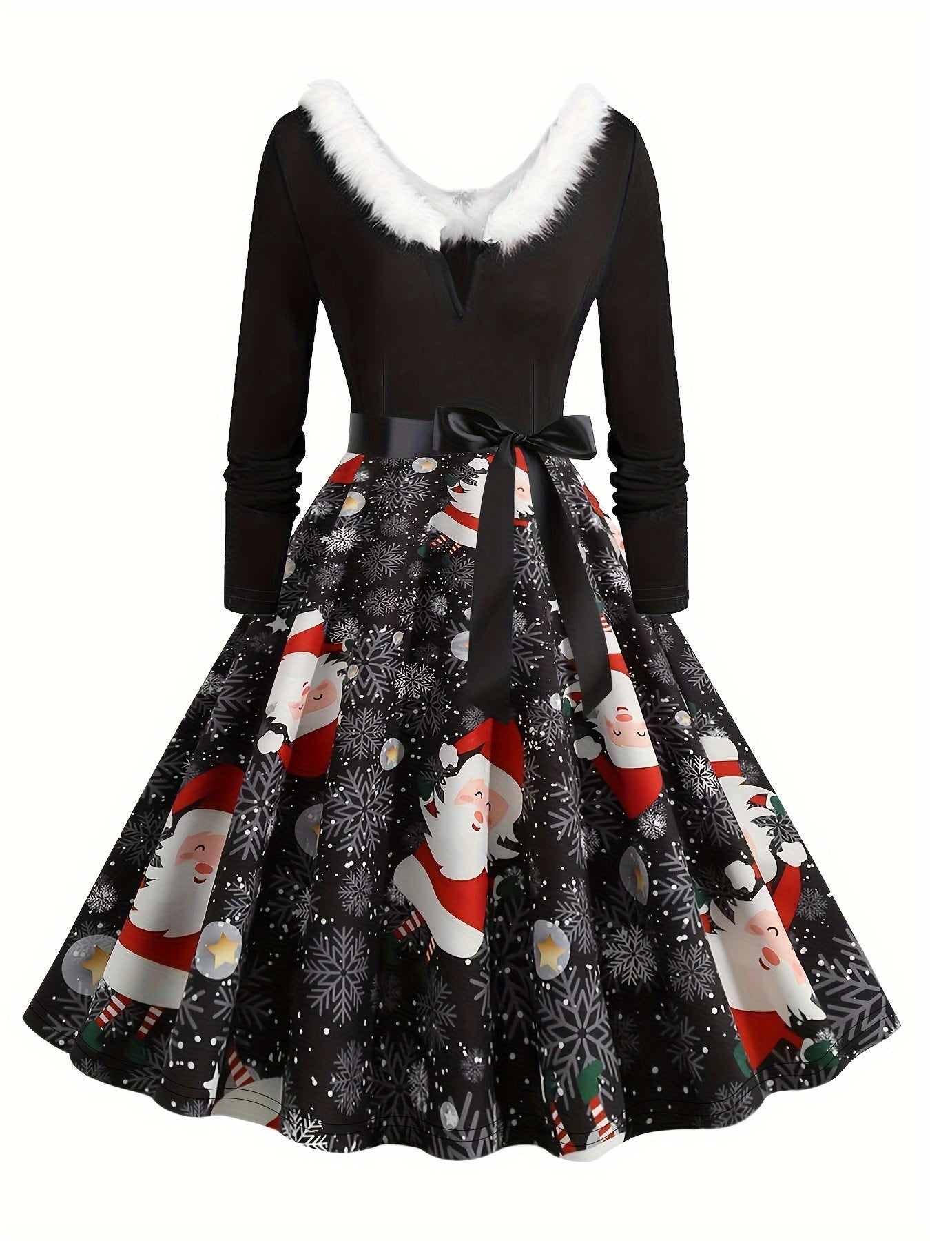 Women's Plus Size Christmas Dress Santa Claus & Snowflake Knot Front