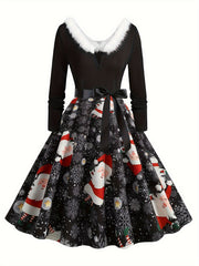 Women's Plus Size Christmas Dress Santa Claus & Snowflake Knot Front