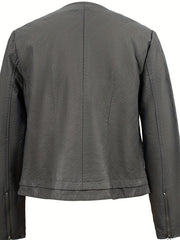 Faux Leather Quilted Jacket Zipper Motor Vintage Long Sleeve