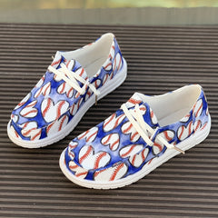 Women's Baseball Pattern Skateboard Shoes Flat Lace Up Sneakers