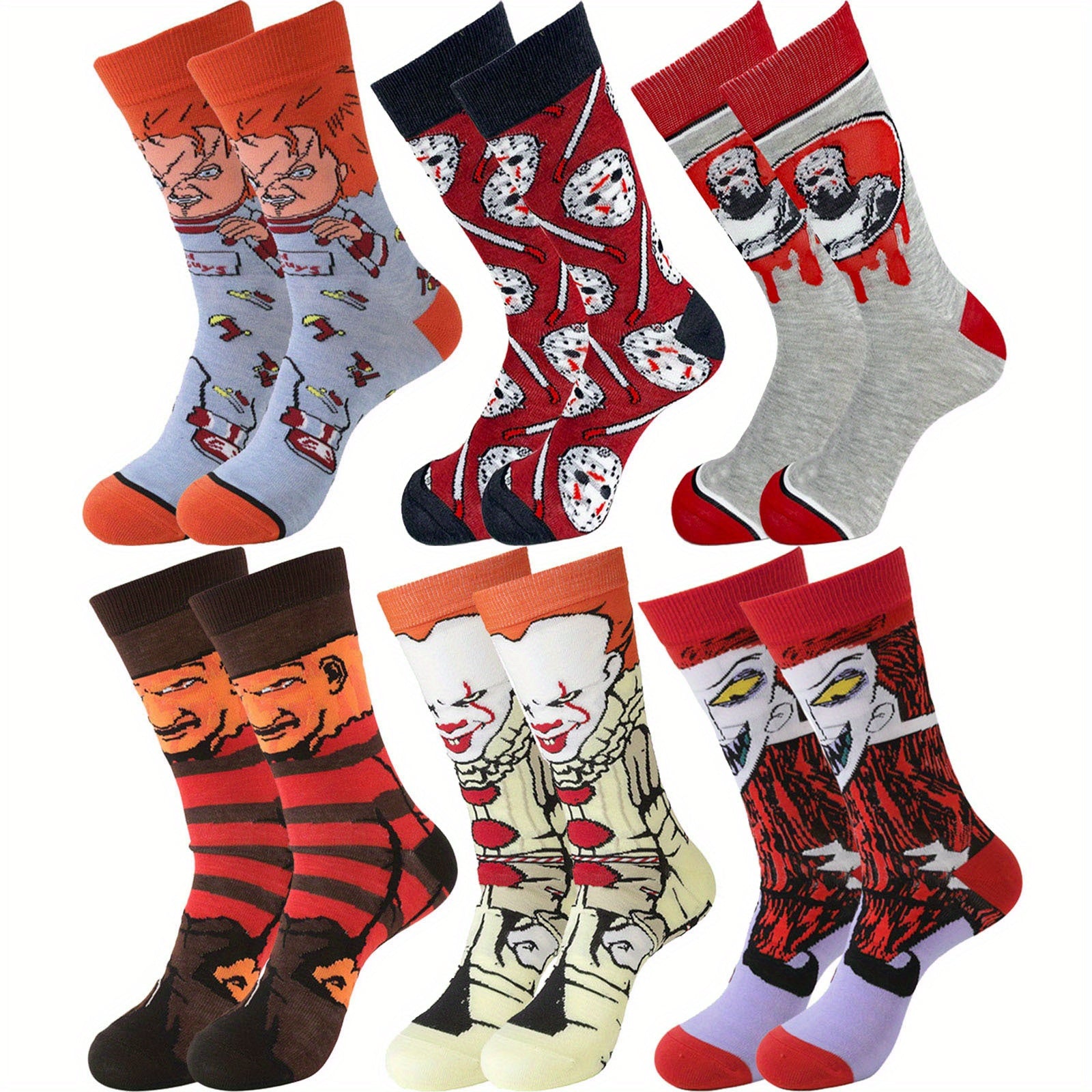 6 Pairs Boys Horror Cartoon Anime Crew Socks Cotton Blend Breathable Mid Tube