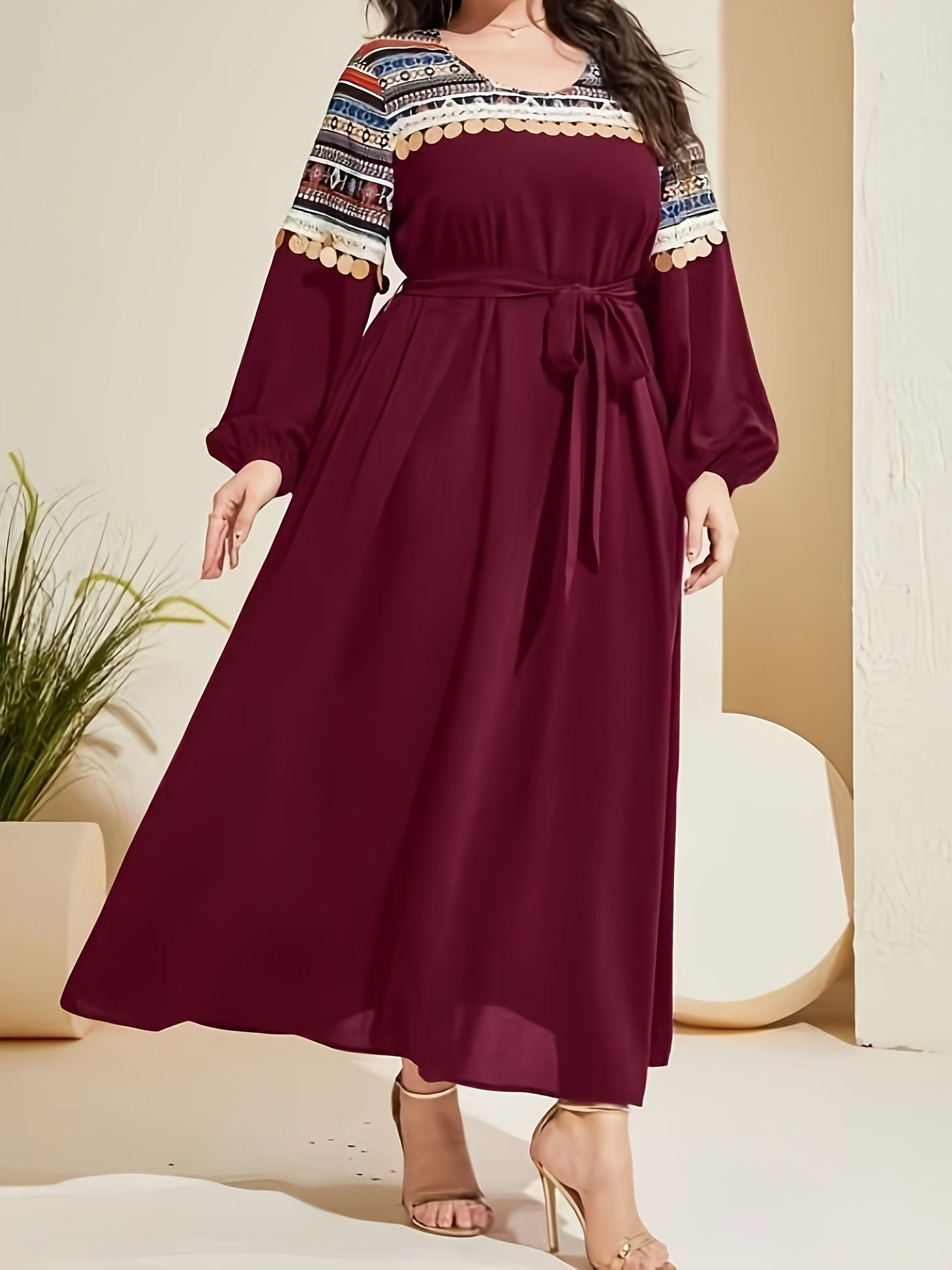 Boho Geometric Print Lantern Sleeve Maxi Dress With Belt