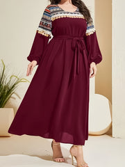 Boho Geometric Print Lantern Sleeve Maxi Dress With Belt