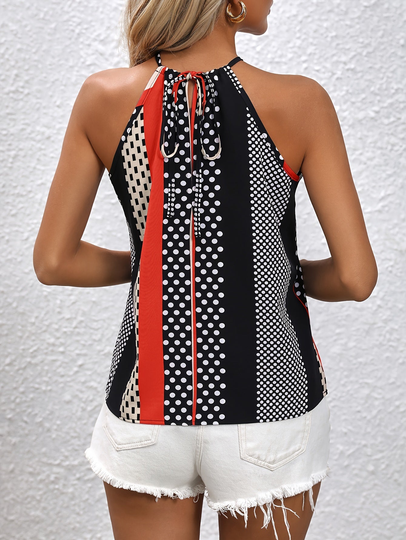 Vintage Block Geo Print Halter Top Casual Sleeveless